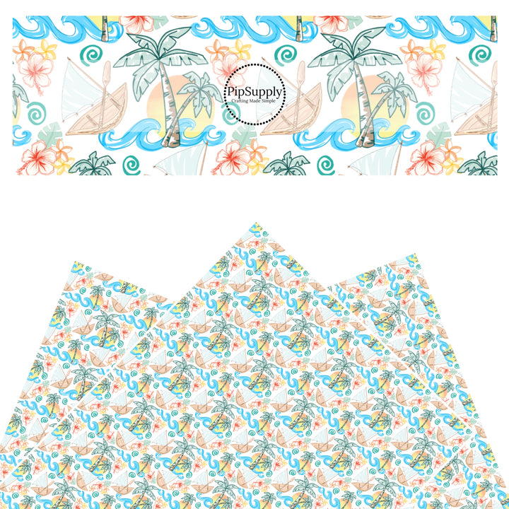 These magical princess themed faux leather sheets contain the following design elements: raft, palm trees, and waves. Our CPSIA compliant faux leather sheets or rolls can be used for all types of crafting projects.