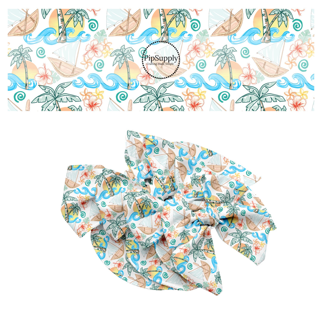 These magical princess themed no sew bow strips can be easily tied and attached to a clip for a finished hair bow. These bow strips are great for personal use or to sell. These bow strips feature the following design elements: raft, palm trees, and waves.