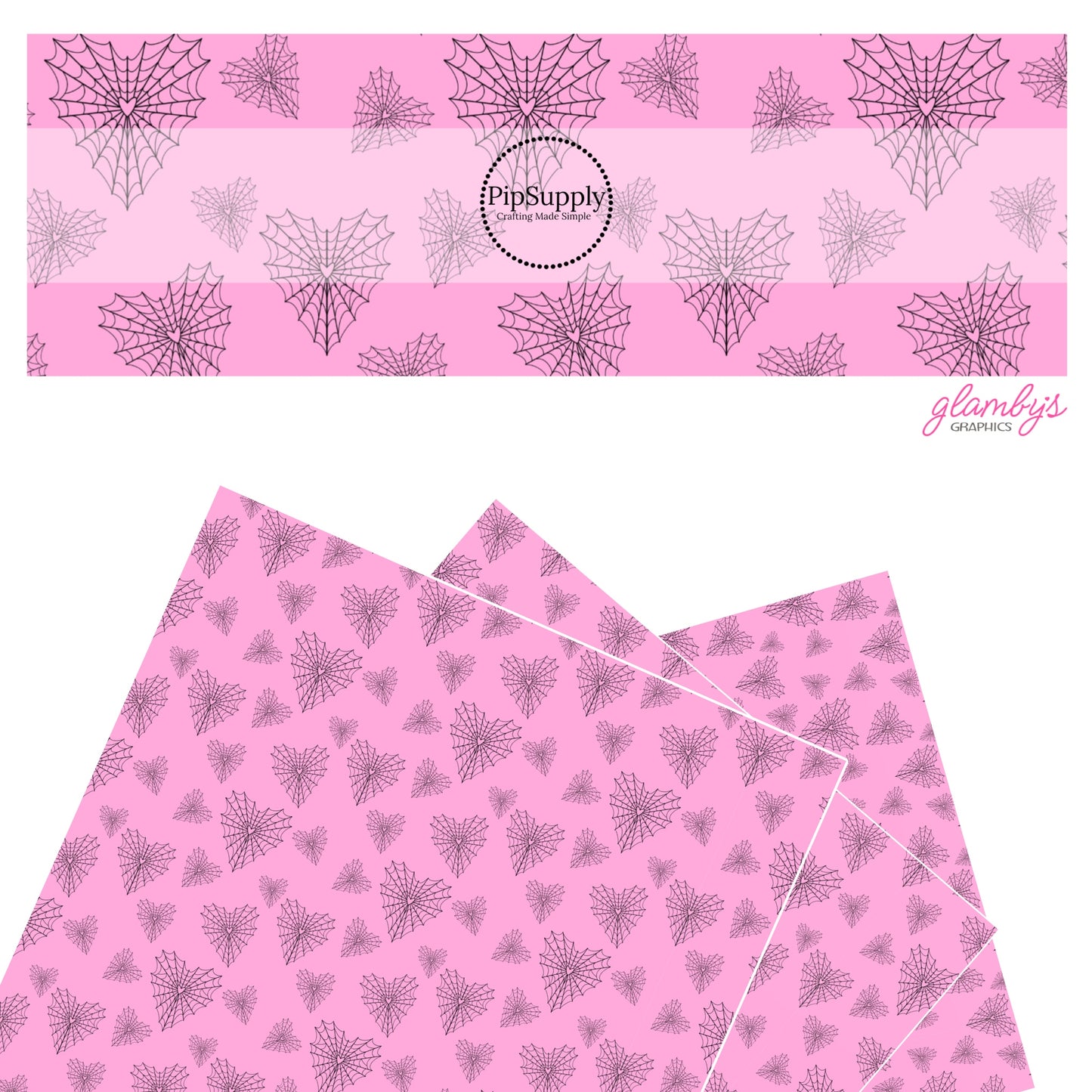 Black heart shaped webs on pink faux leather sheets