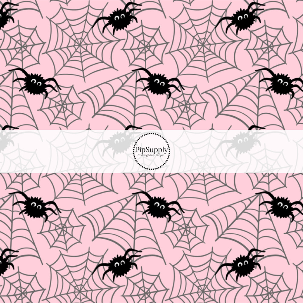 Spider webs and spiders on pink hair bow strips