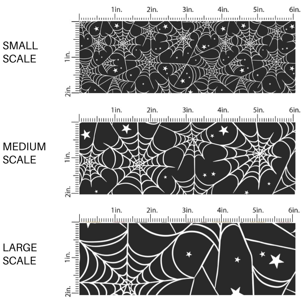 These Halloween themed pattern fabric by the yard features the following design elements: spider webs on black. This fun spooky themed fabric can be used for all your sewing and crafting needs!