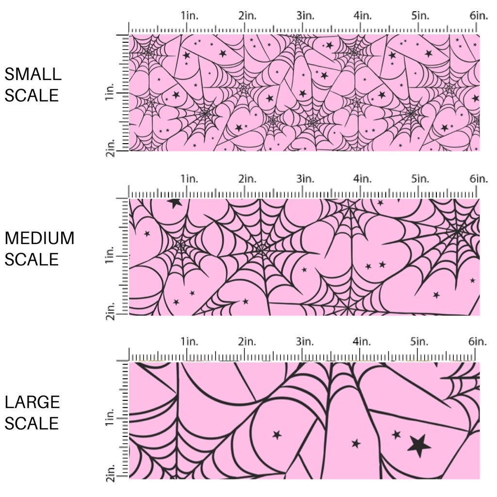 These Halloween themed pattern fabric by the yard features the following design elements: spider webs on pink. This fun spooky themed fabric can be used for all your sewing and crafting needs!