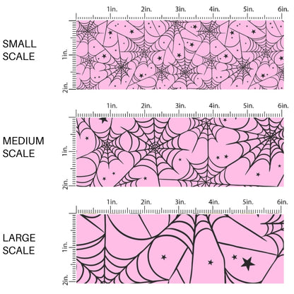 These Halloween themed pattern fabric by the yard features the following design elements: spider webs on pink. This fun spooky themed fabric can be used for all your sewing and crafting needs!