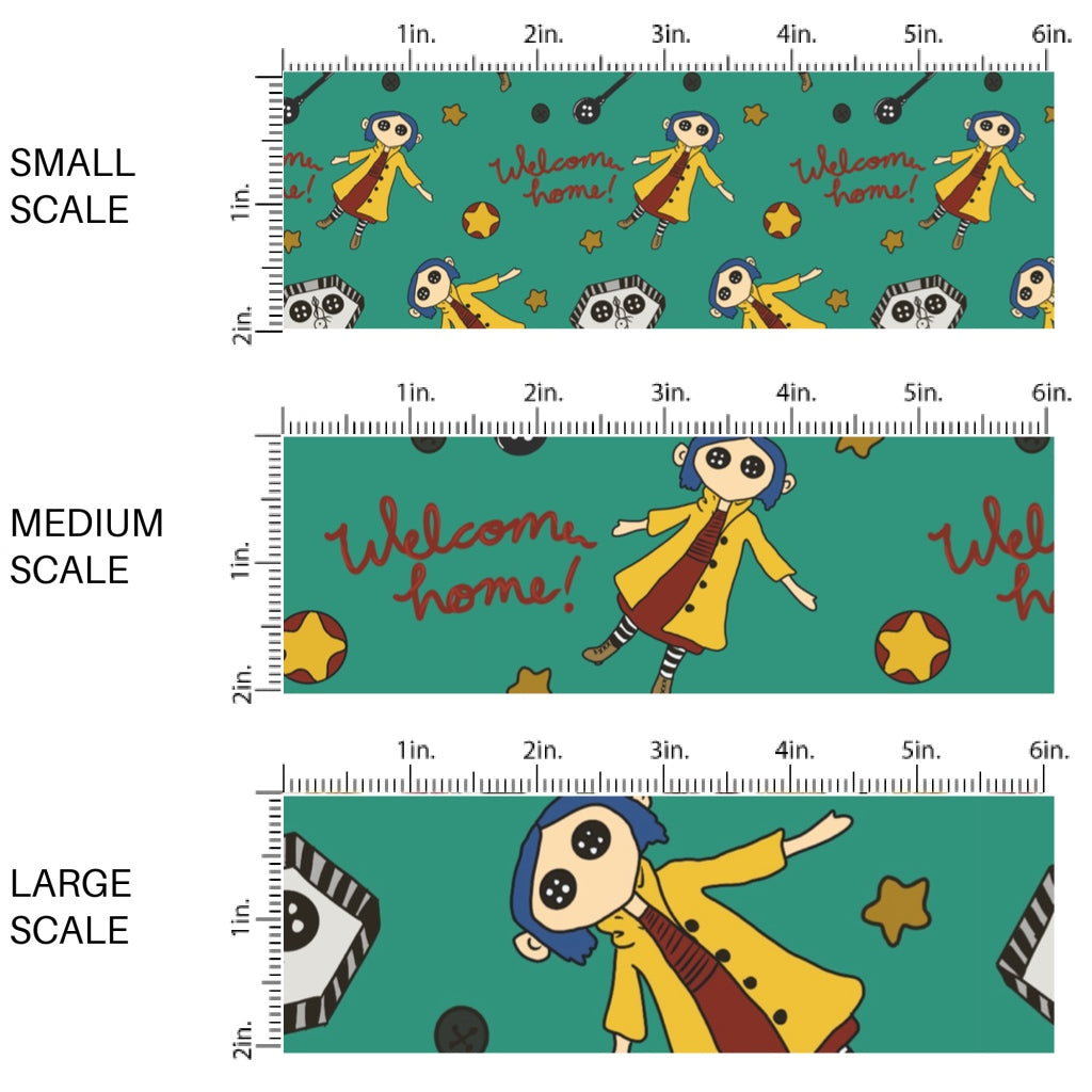 This scale chart of small scale, medium scale, and large scale of these Halloween themed pattern fabric by the yard features the following design elements: "Welcome Home" saying and voodoo dolls. This fun spooky themed fabric can be used for all your sewing and crafting needs!