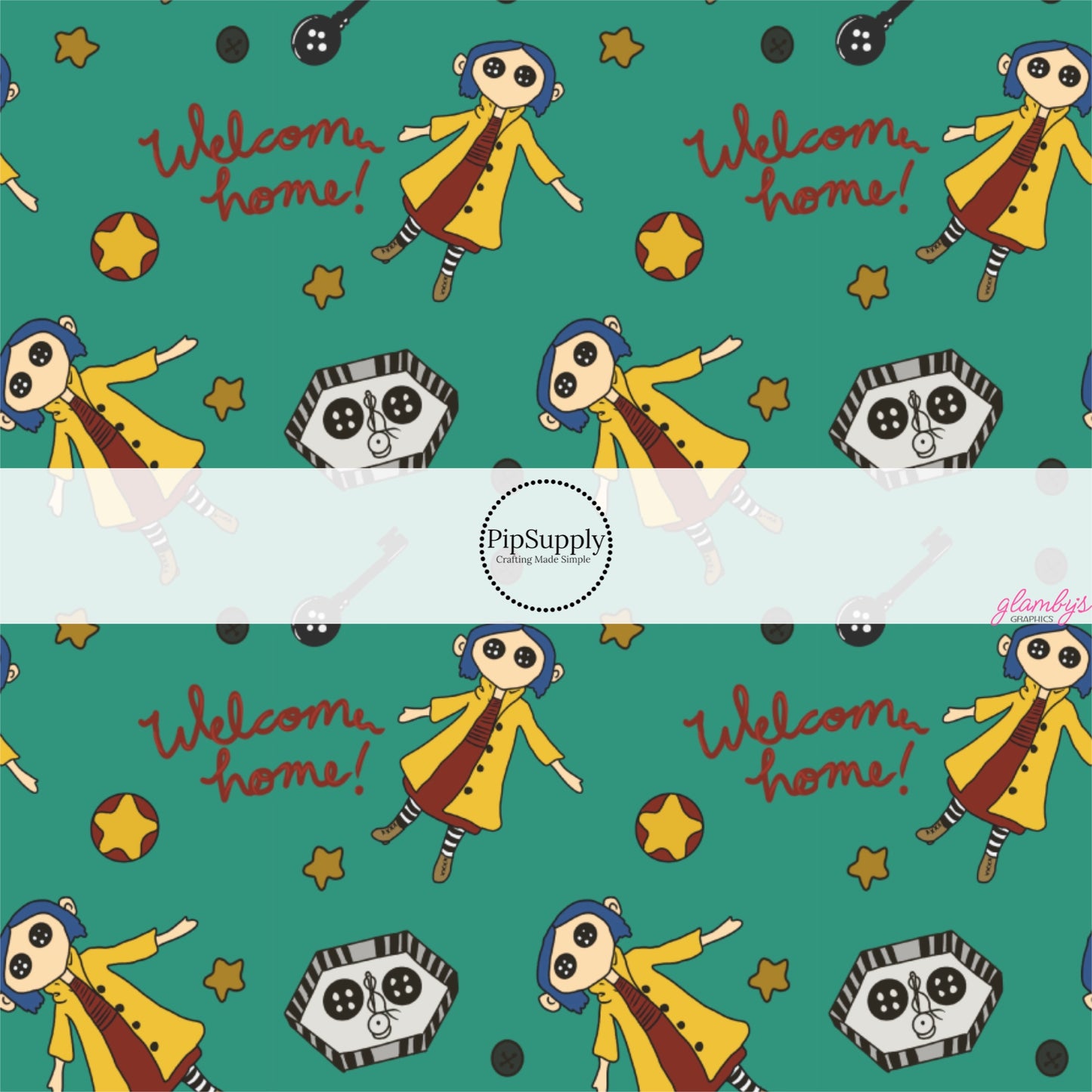 These Halloween themed pattern fabric by the yard features the following design elements: "Welcome Home" saying and voodoo dolls. This fun spooky themed fabric can be used for all your sewing and crafting needs!