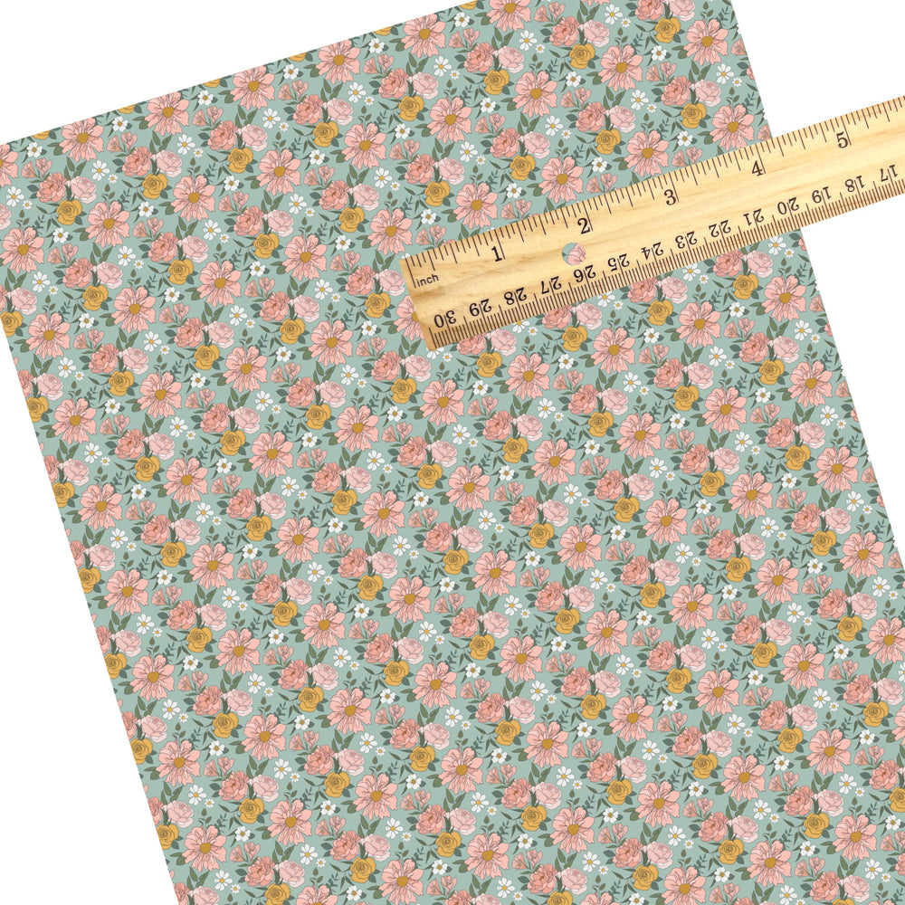 These spring floral pattern themed faux leather sheets contain the following design elements: colorful floral garden. Our CPSIA compliant faux leather sheets or rolls can be used for all types of crafting projects.