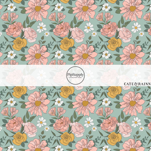 Pink, Yellow, and White Woodland Florals on Blue Fabric by the Yard.