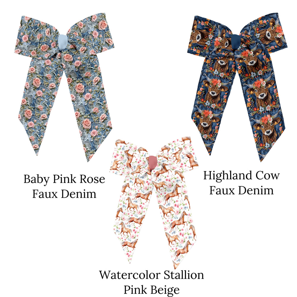 These western cows, horses, and flower pattern themed neoprene long tail bows can be quickly cut and assembled for a trendy fun bow. They're ideal for easy at-home styling, individual use, or even resale. Get creative and add a splash of color to your look with these low-maintenance bows!