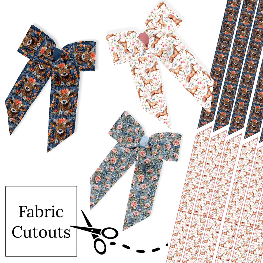 These western cows, horses, and flower pattern themed neoprene long tail bows can be quickly cut and assembled for a trendy fun bow. They're ideal for easy at-home styling, individual use, or even resale. Get creative and add a splash of color to your look with these low-maintenance bows!