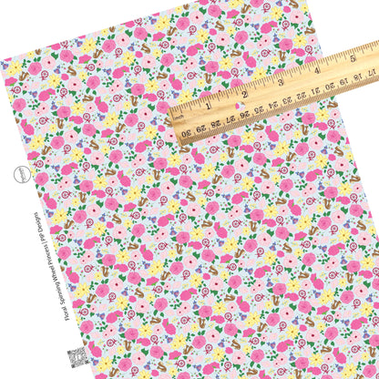 Pink flowers with yellow and spinning wheel faux leather sheets