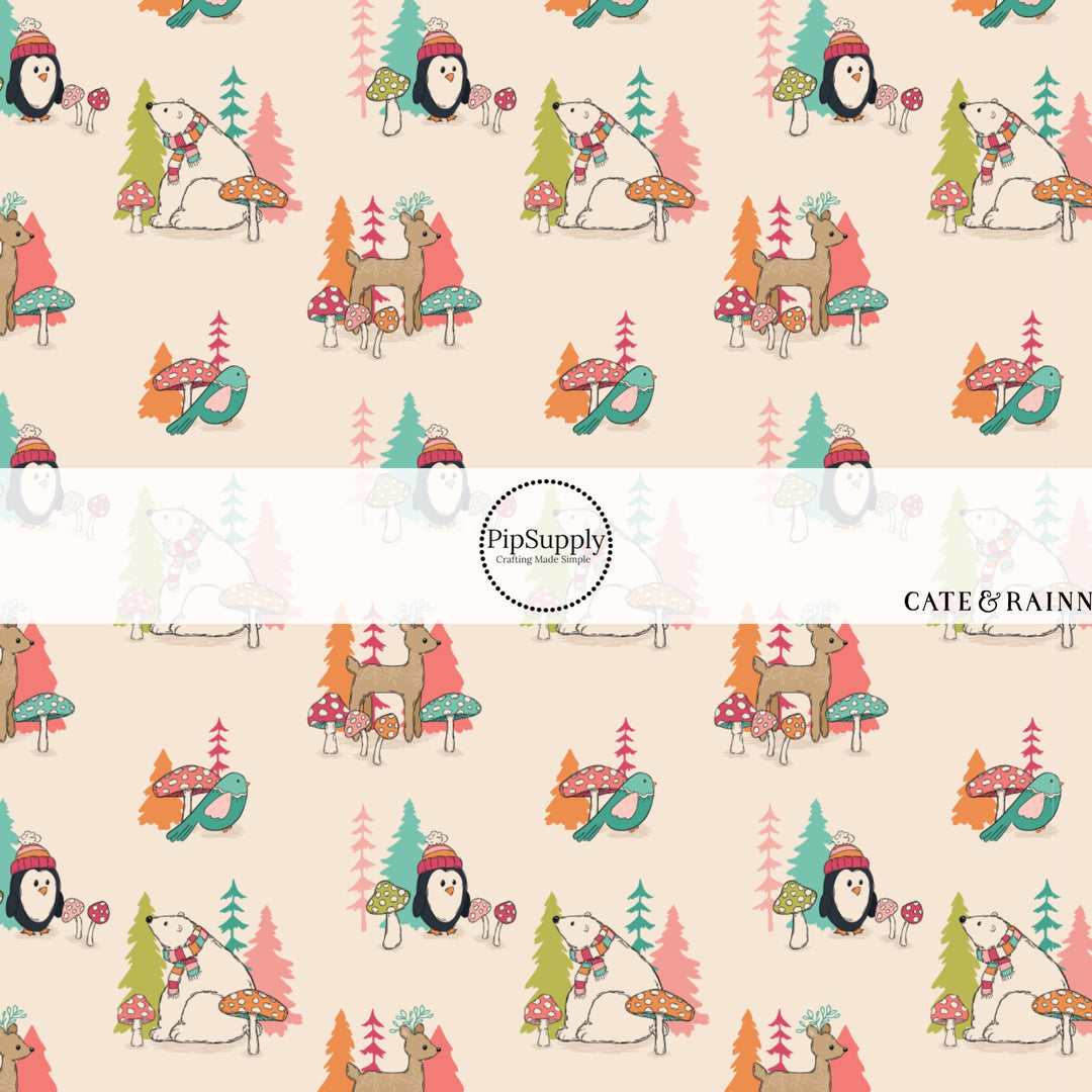 These winter animal themed pattern fabric by the yard features the following design elements winter animals in scarves and hats. This fun themed fabric can be used for all your sewing and crafting needs!