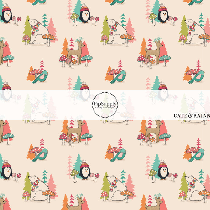 These winter animal themed pattern fabric by the yard features the following design elements winter animals in scarves and hats. This fun themed fabric can be used for all your sewing and crafting needs!