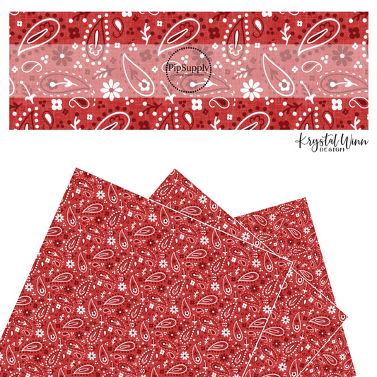These patriotic and western red faux leather sheets contain the following design elements: white, red, and dark red bandana pattern. 