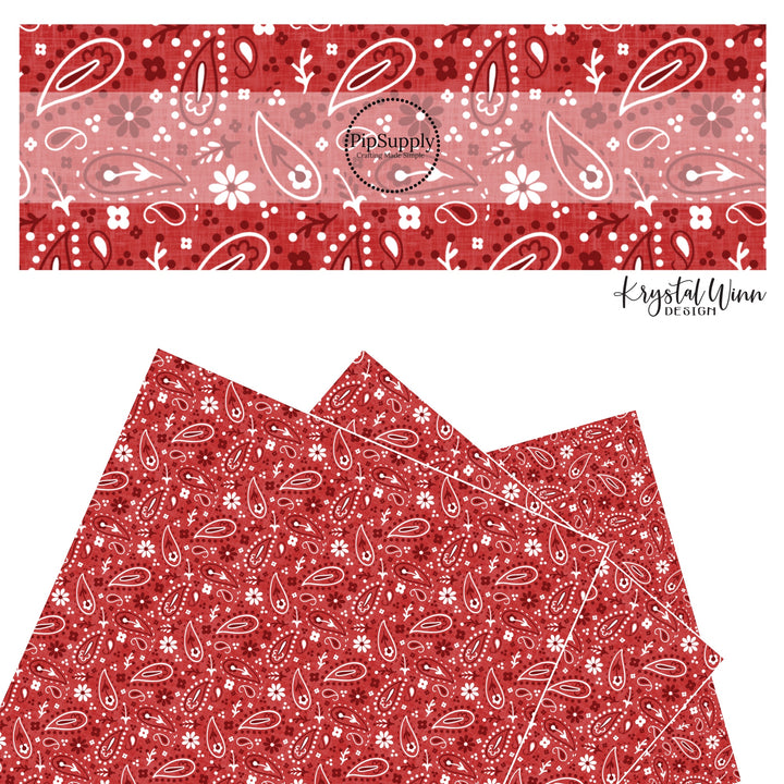 These patriotic and western red faux leather sheets contain the following design elements: white, red, and dark red bandana pattern. 