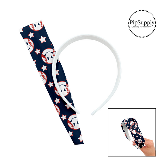 White stars and white baseballs with smiley faces outlined in red on navy knotted headband kit
