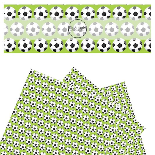 White and black soccer balls on green faux leather sheets
