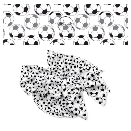 Black and white spots on soccer ball on white bow strips