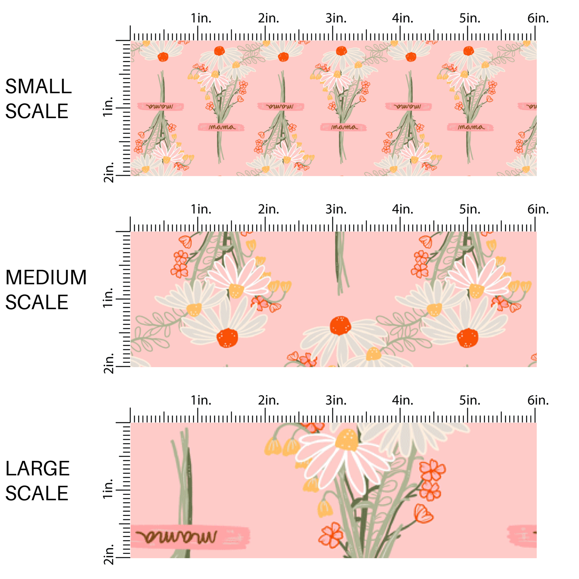 This scale chart of these small scale, medium scale, and large scale of these wildflower daisy themed light pink fabric by the yard features white, cream, yellow, and orange daisy flower bouquets with pink ribbons. 