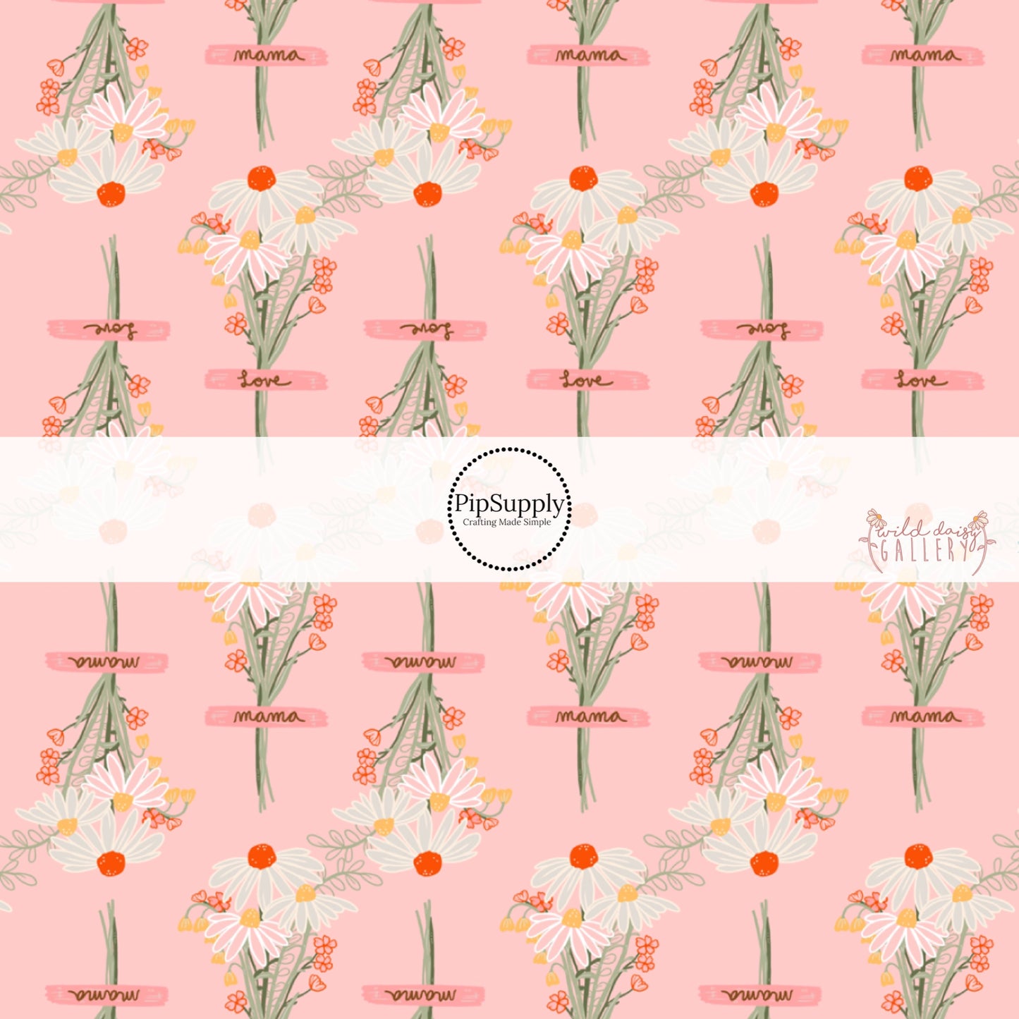These wildflower daisy themed light pink fabric by the yard features white, cream, yellow, and orange daisy flower bouquets with pink ribbons. 