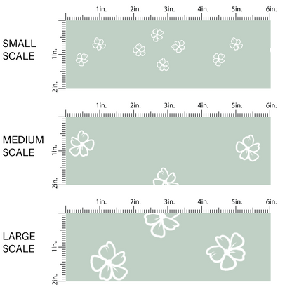 This scale chart of small scale, medium scale, and large scale of these daisy themed light seafoam green fabric by the yard features white outlined daisies on seafoam.
