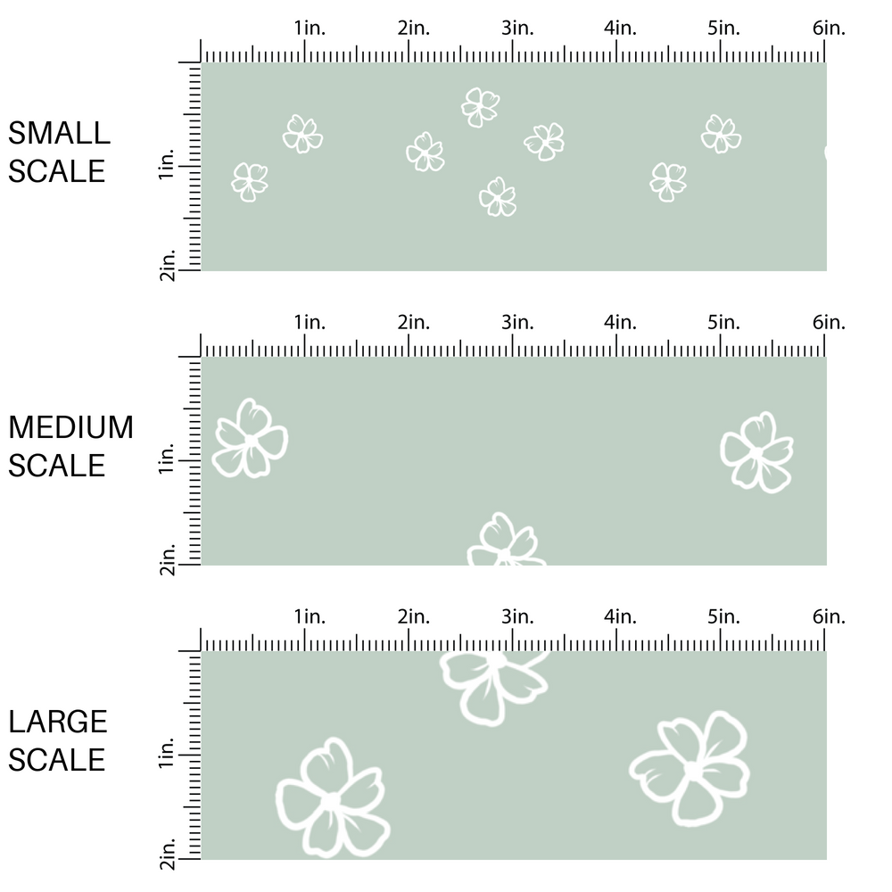 This scale chart of small scale, medium scale, and large scale of these daisy themed light seafoam green fabric by the yard features white outlined daisies on seafoam.