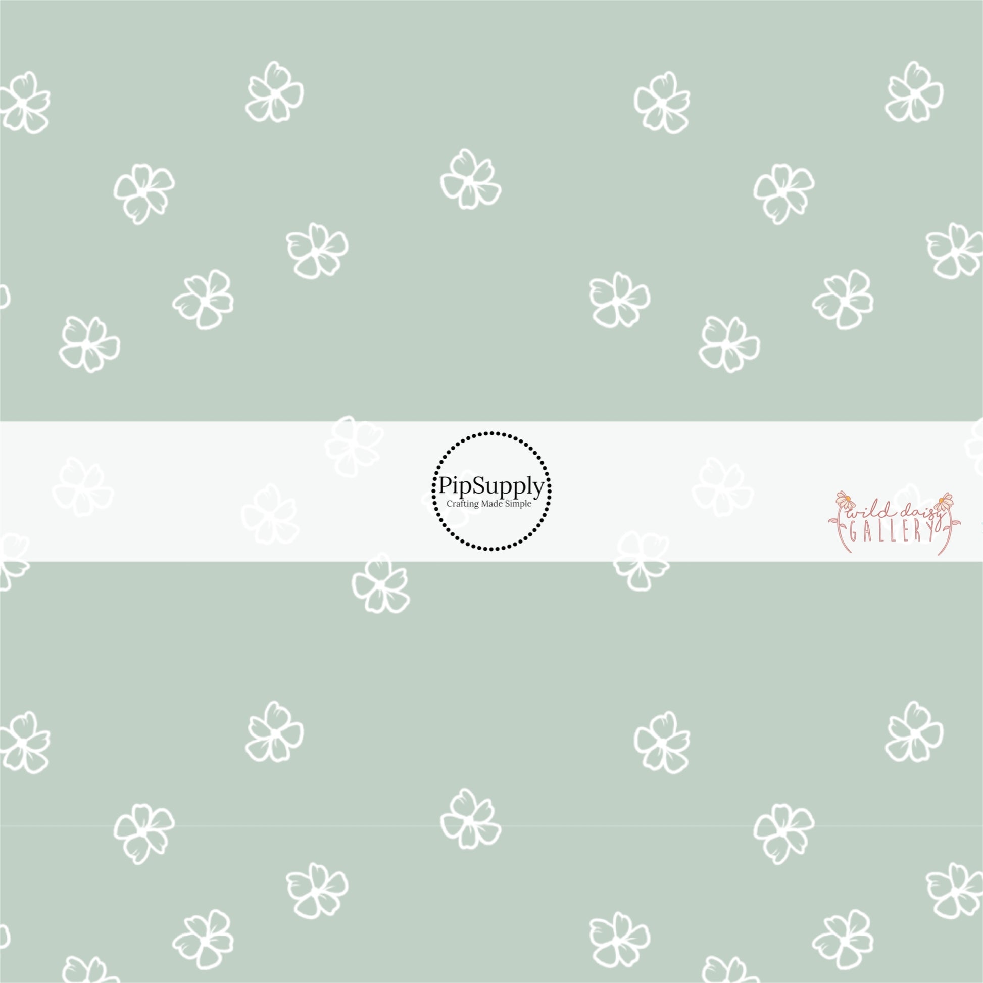 These daisy themed light seafoam green fabric by the yard features white outlined daisies on seafoam.