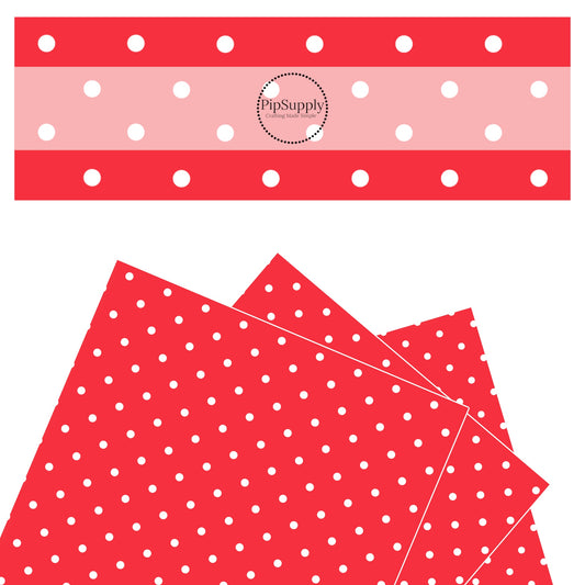 White polka dots scattered on red faux leather sheets