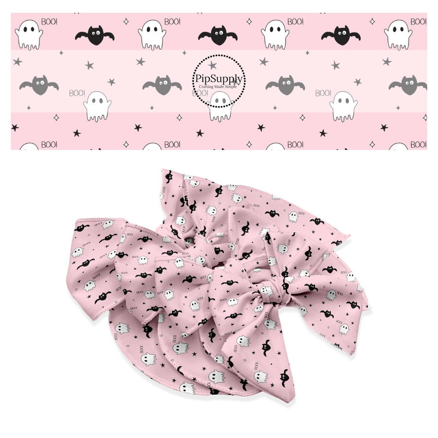 Ghost, bats, stars, and boo on light pink hair bow strips