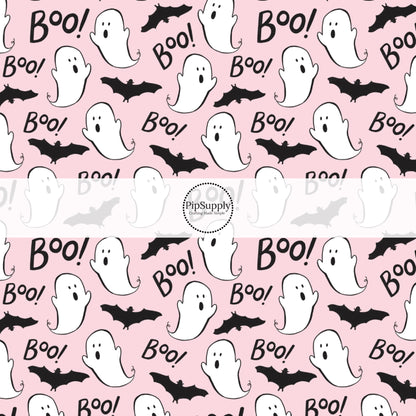 Ghost sayings with black bats on pink hair bow strips