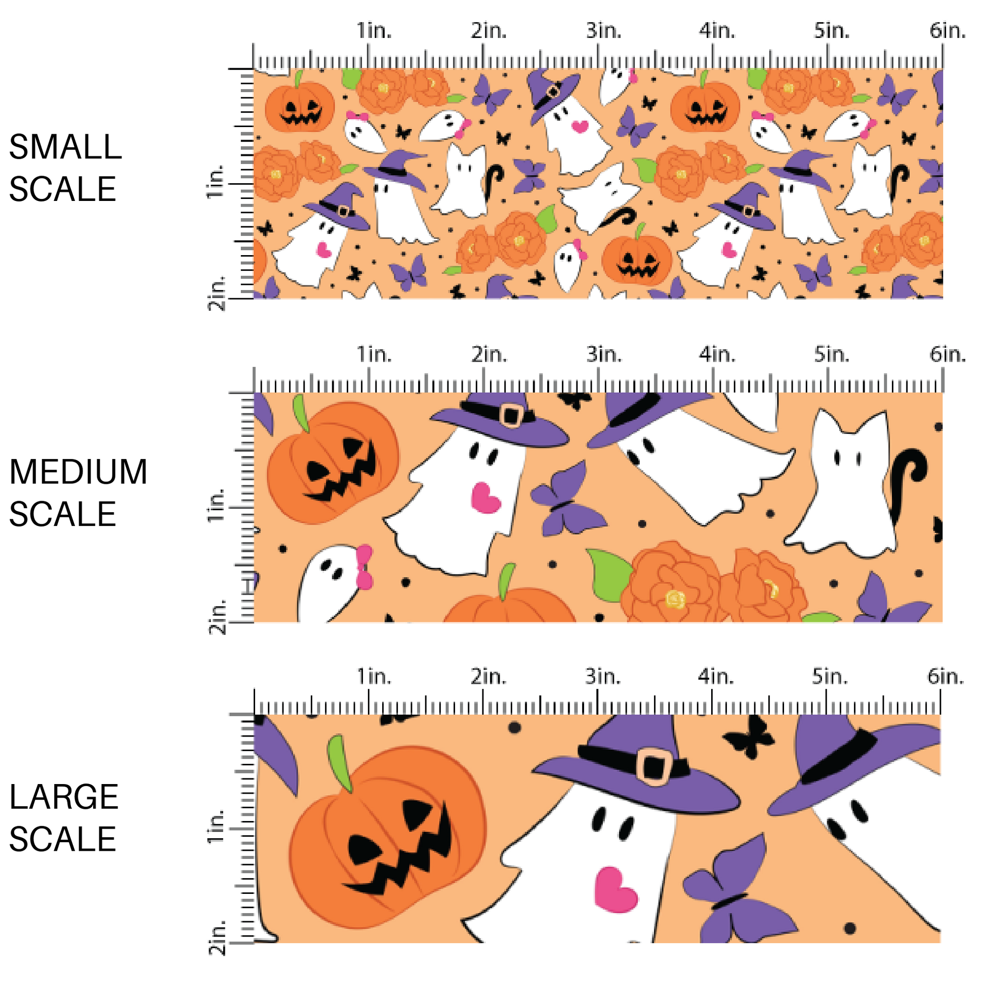 This scale chart of small scale, medium scale, and large scale of these Halloween themed orange fabric by the yard features ghost creatures, pumpkins, flowers, and purple and black butterflies on orange. This fun spooky themed fabric can be used for all your sewing and crafting needs! 