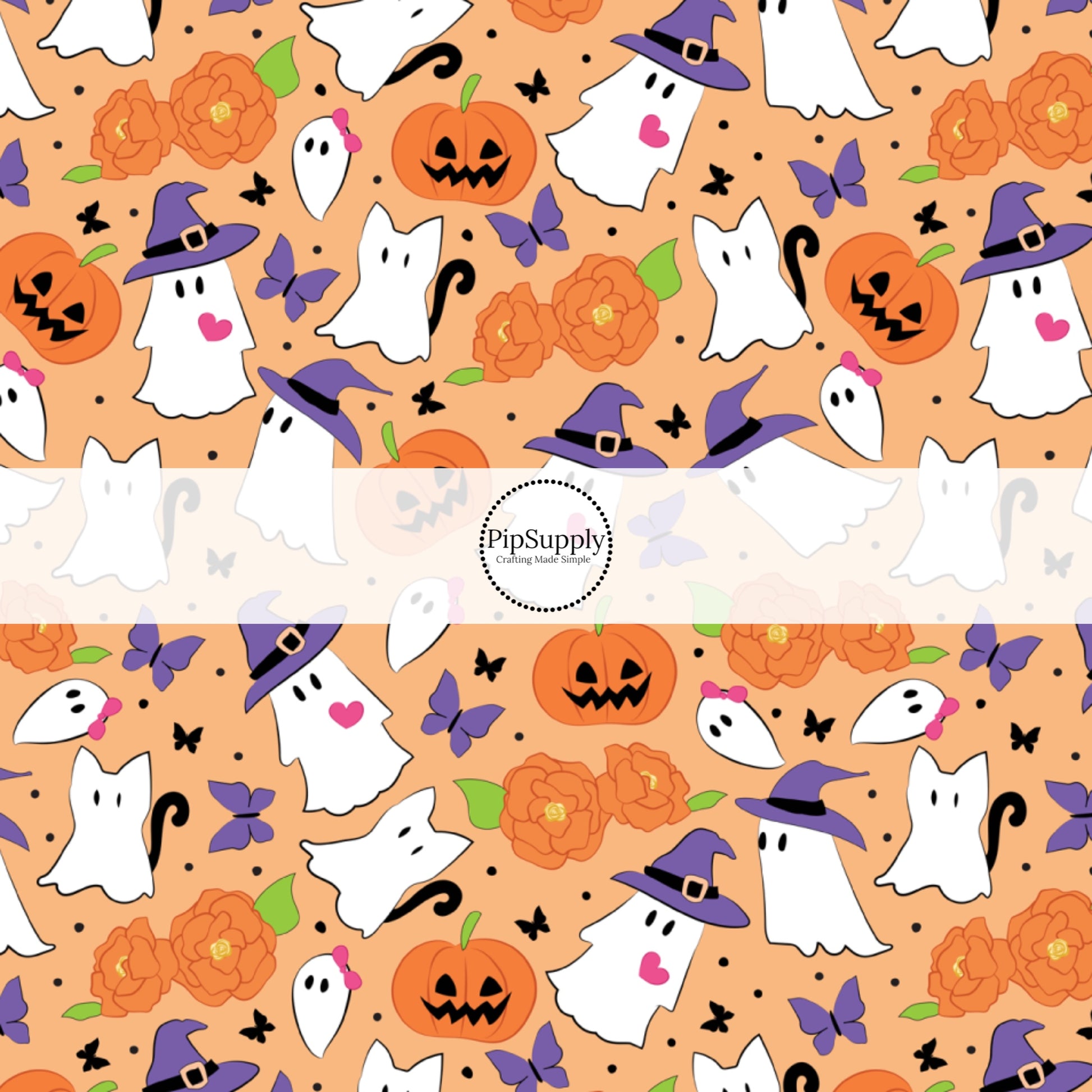 These Halloween themed orange fabric by the yard features ghost creatures, pumpkins, flowers, and purple and black butterflies on orange. This fun spooky themed fabric can be used for all your sewing and crafting needs! 