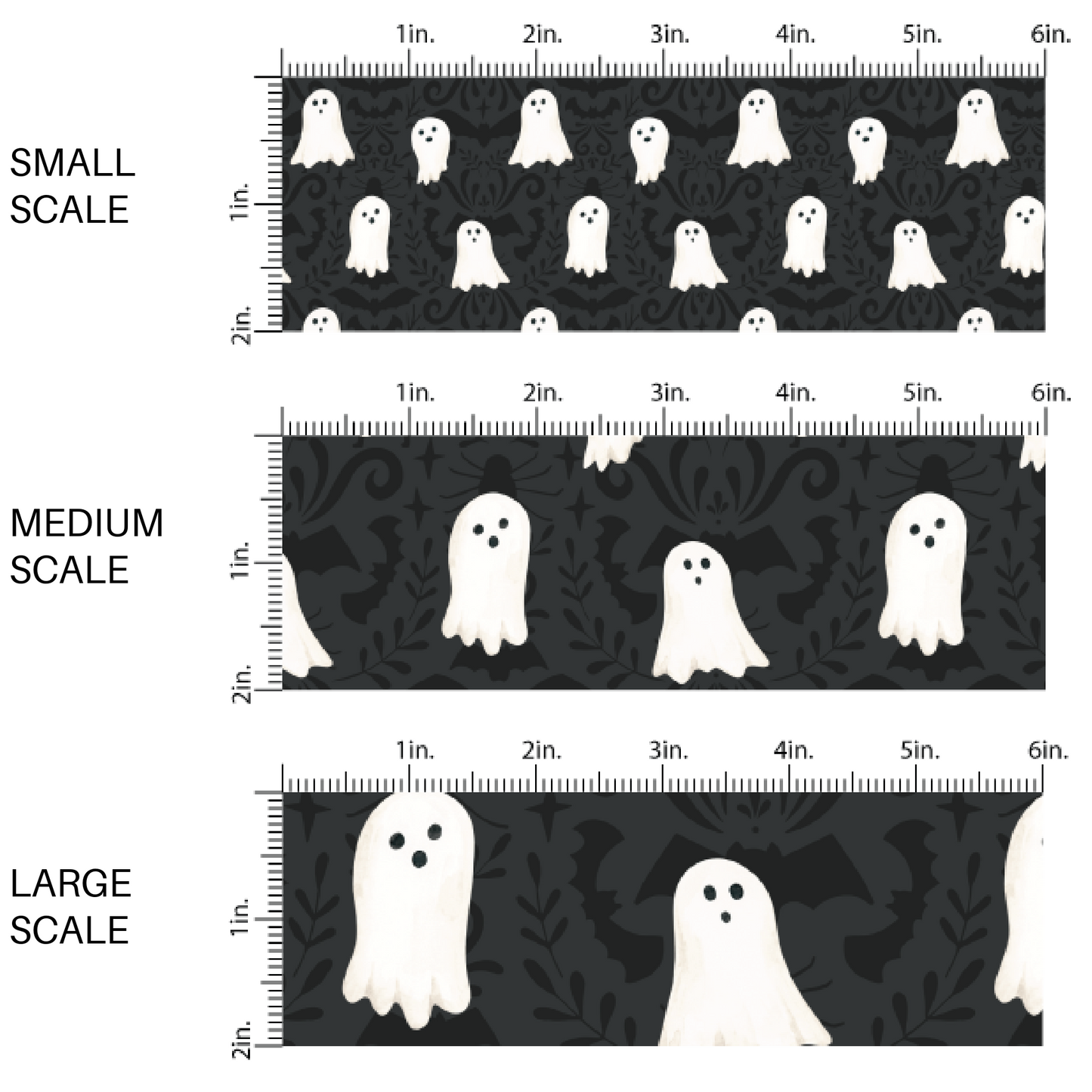 This scale chart of small scale, medium scale, and large scale of these Halloween themed black fabric by the yard features white ghosts on black Halloween pattern. This fun spooky themed fabric can be used for all your sewing and crafting needs! 