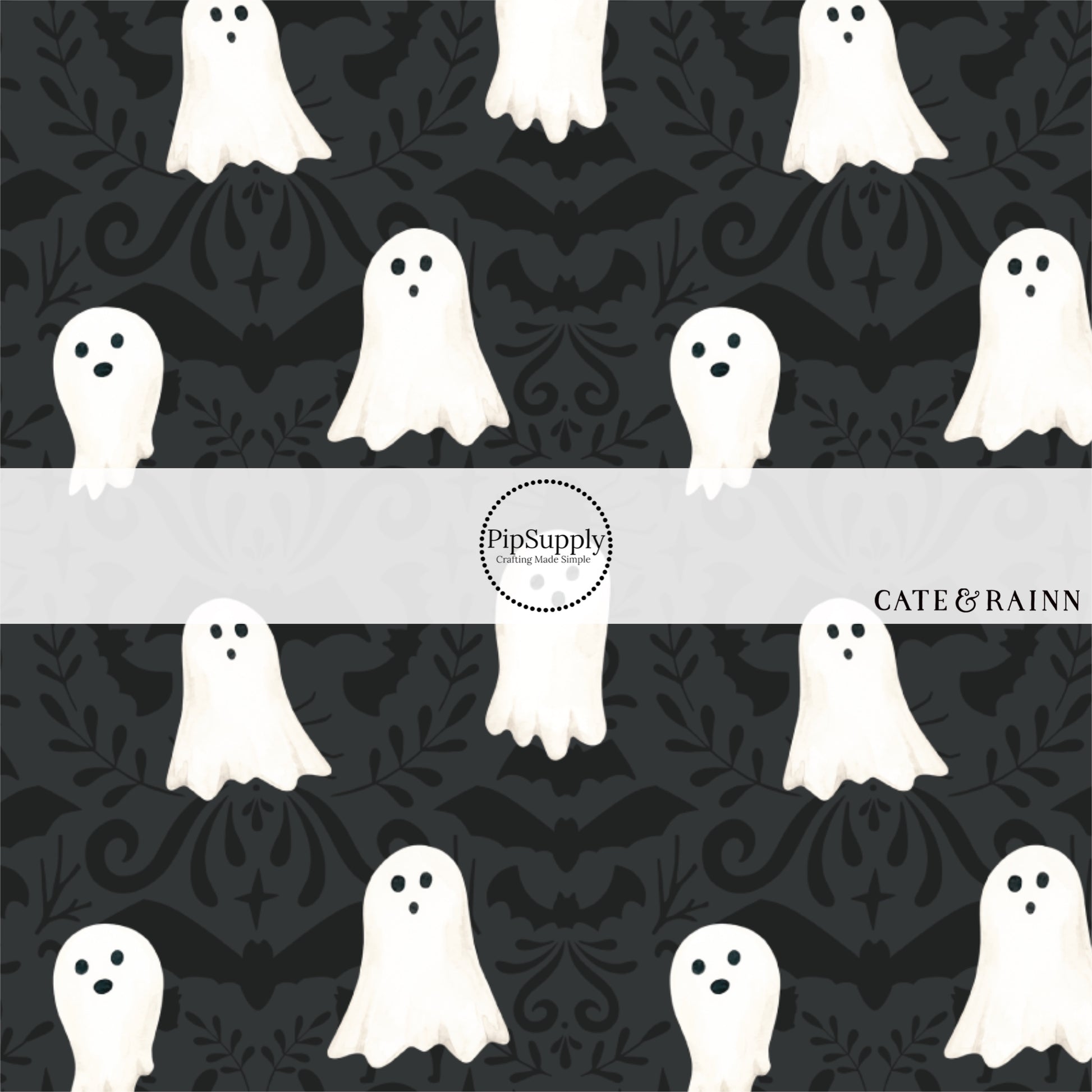These Halloween themed black fabric by the yard features white ghosts on black Halloween pattern. This fun spooky themed fabric can be used for all your sewing and crafting needs! 
