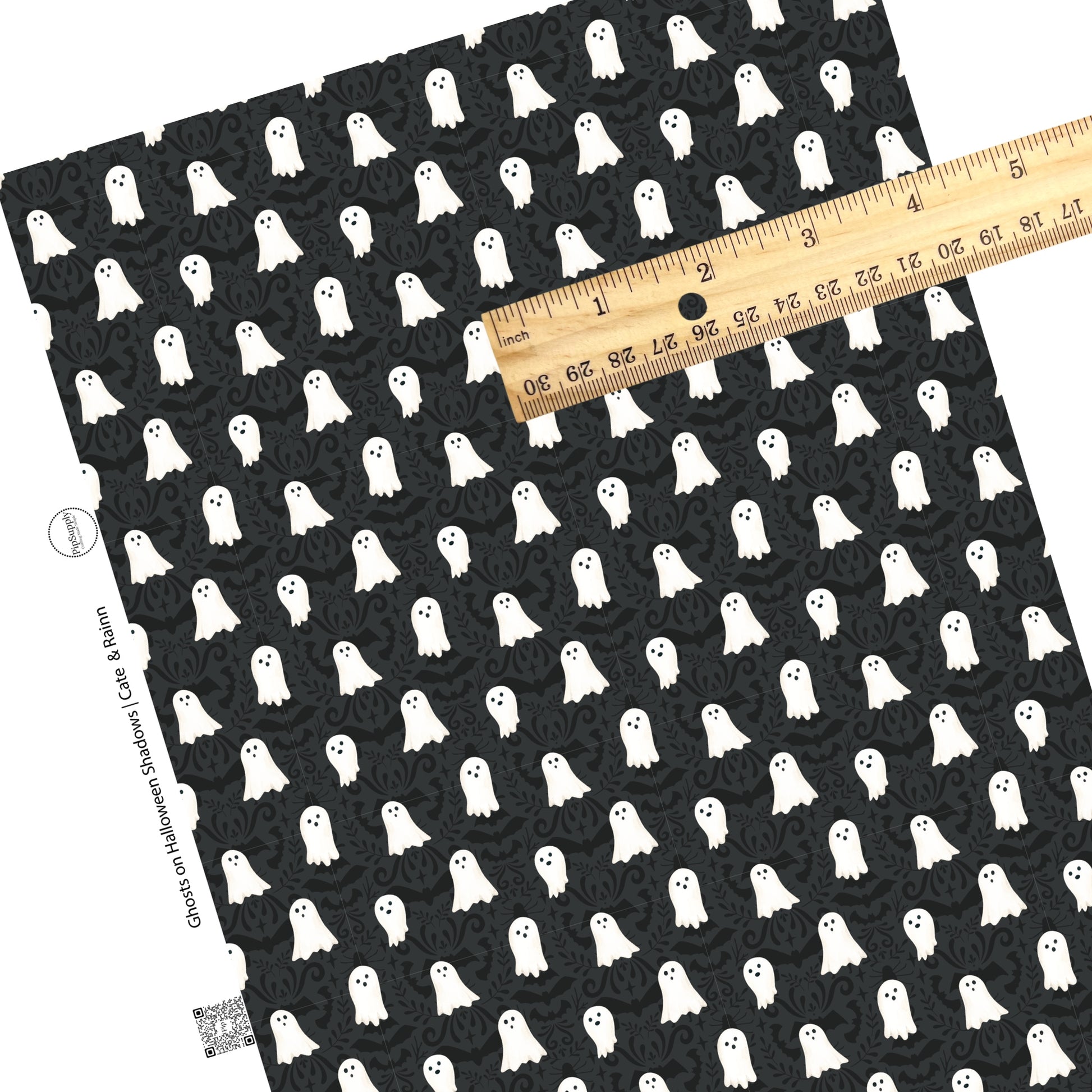 These Halloween themed black faux leather sheets contain the following design elements: white ghosts on a black Halloween pattern. Our CPSIA compliant faux leather sheets or rolls can be used for all types of crafting projects.