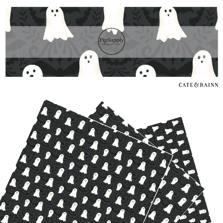 These Halloween themed black faux leather sheets contain the following design elements: white ghosts on a black Halloween pattern. Our CPSIA compliant faux leather sheets or rolls can be used for all types of crafting projects.