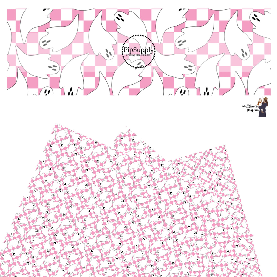 Pink and white checker with white ghosts faux leather sheets