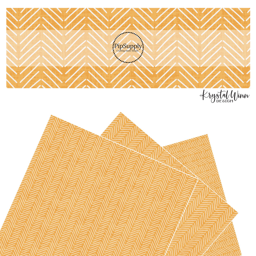 These mustard colored faux leather sheets contain the following design elements: white arrows on light orange.