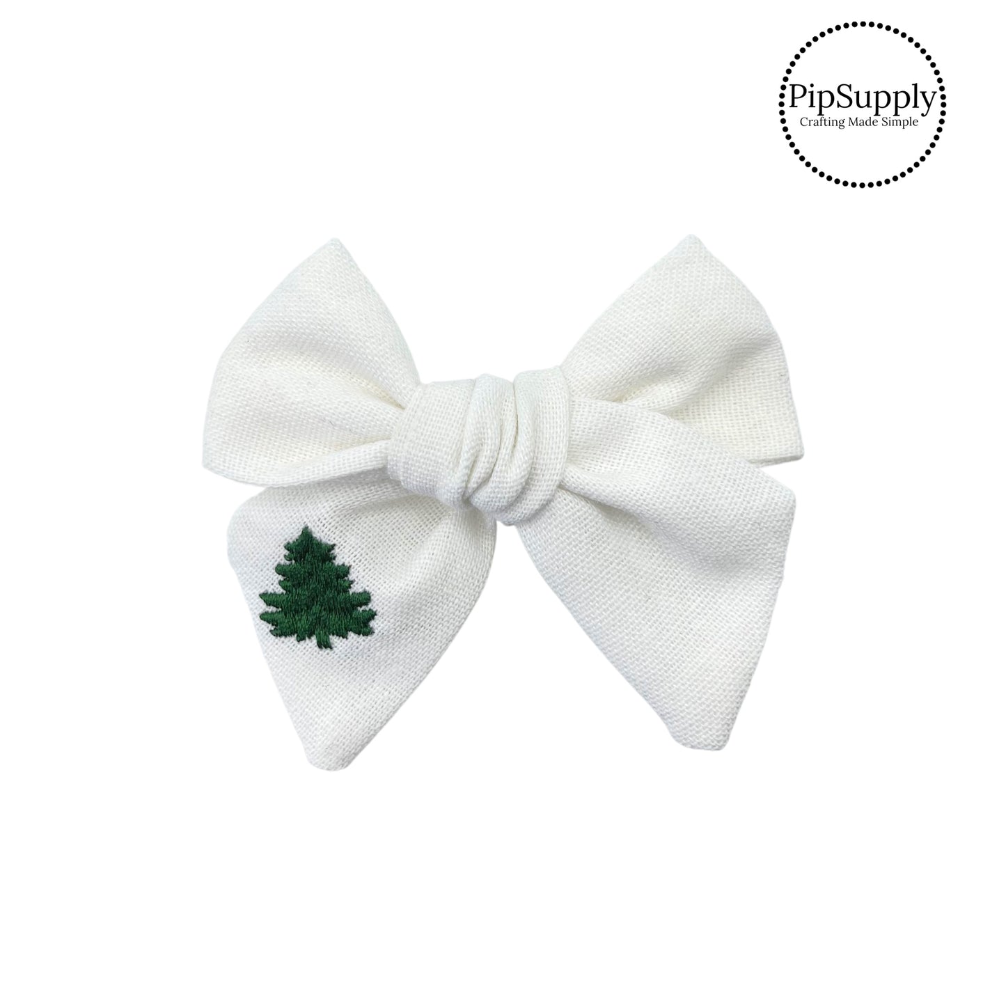 White Linen Embroidered Christmas Tree Hair Bow Strip - Ruth