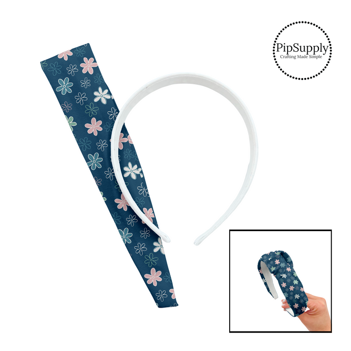 Pink, white, blue, and green drawn flowers on navy knotted headband kit