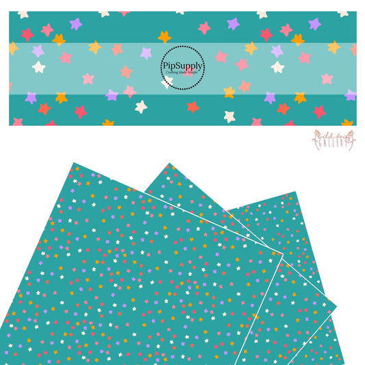 Pink, purple, white, and gold stars on teal faux leather sheets