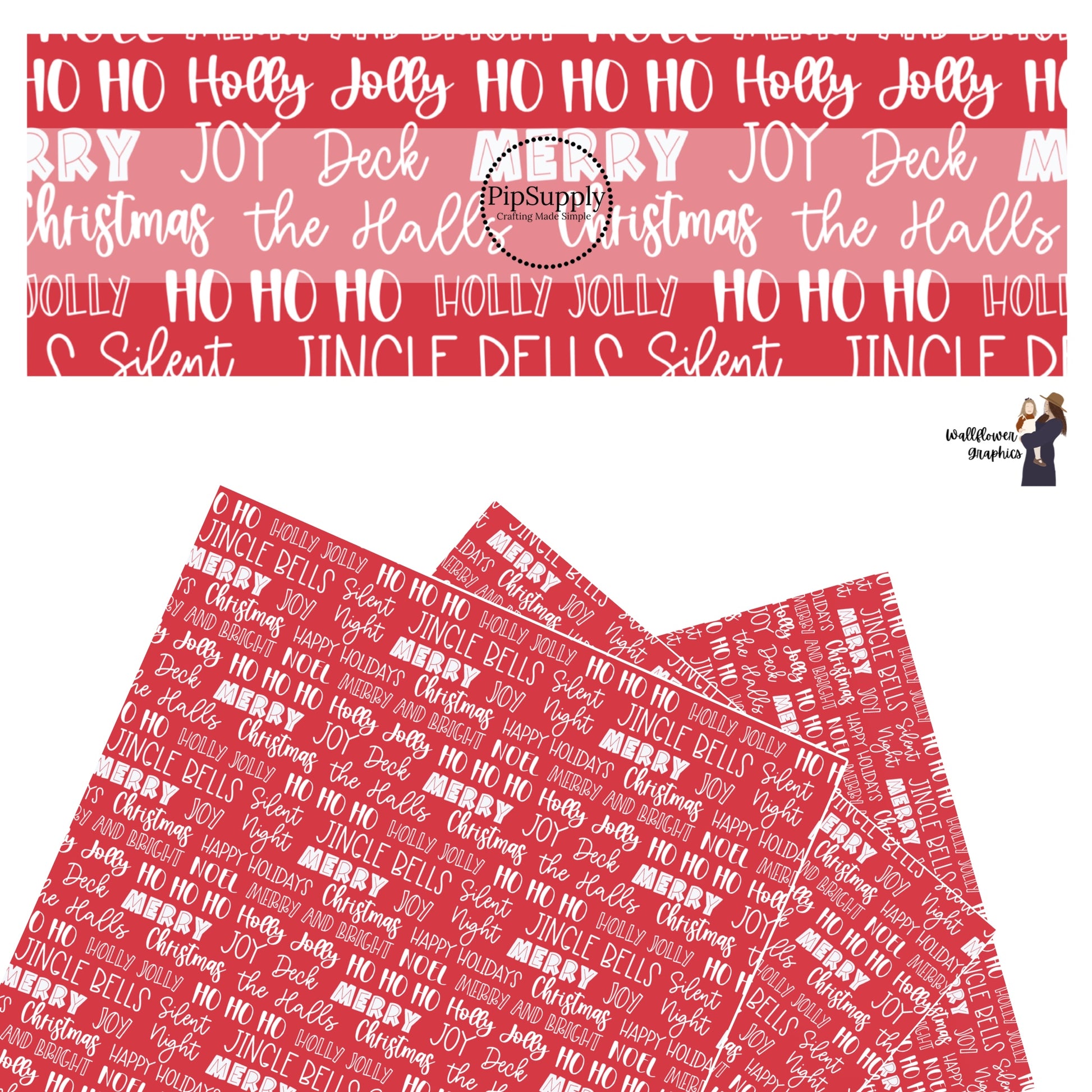 White fancy fonts with holiday sayings on red faux leather sheets
