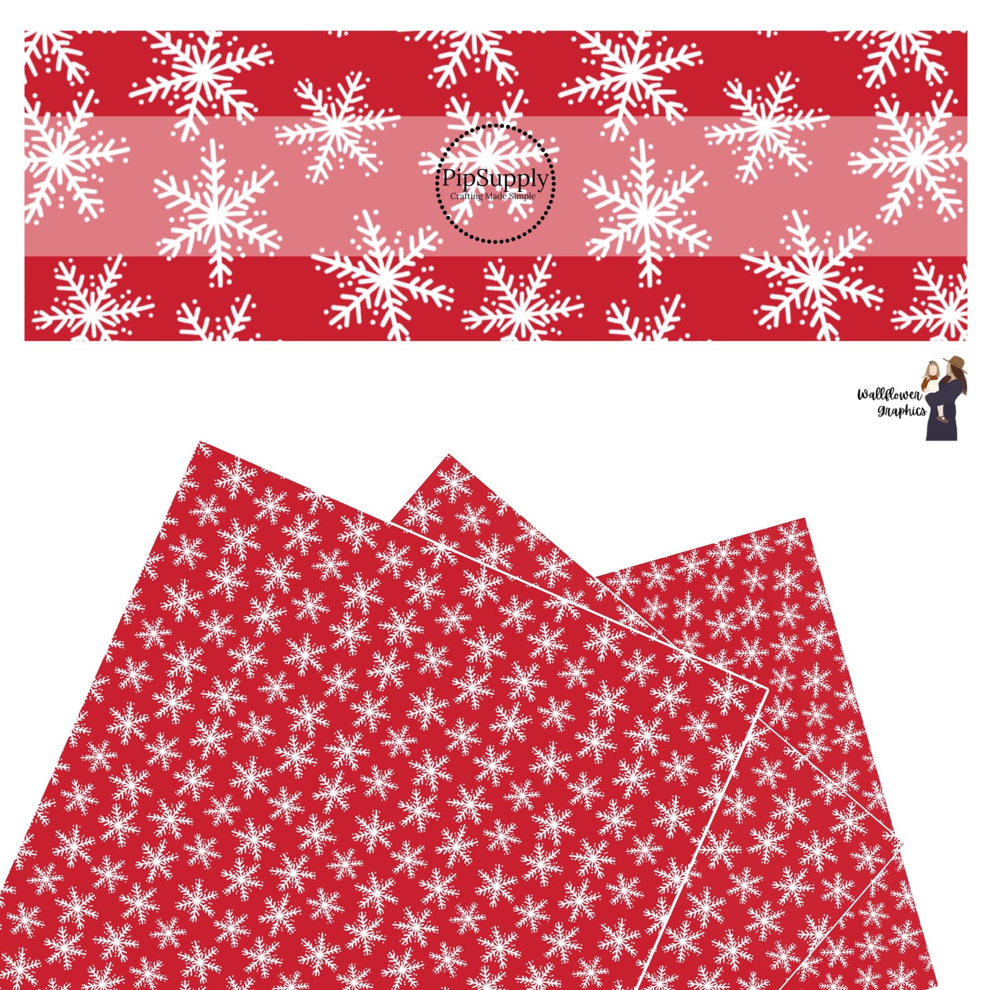 White snowflakes scattered on red faux leather sheets