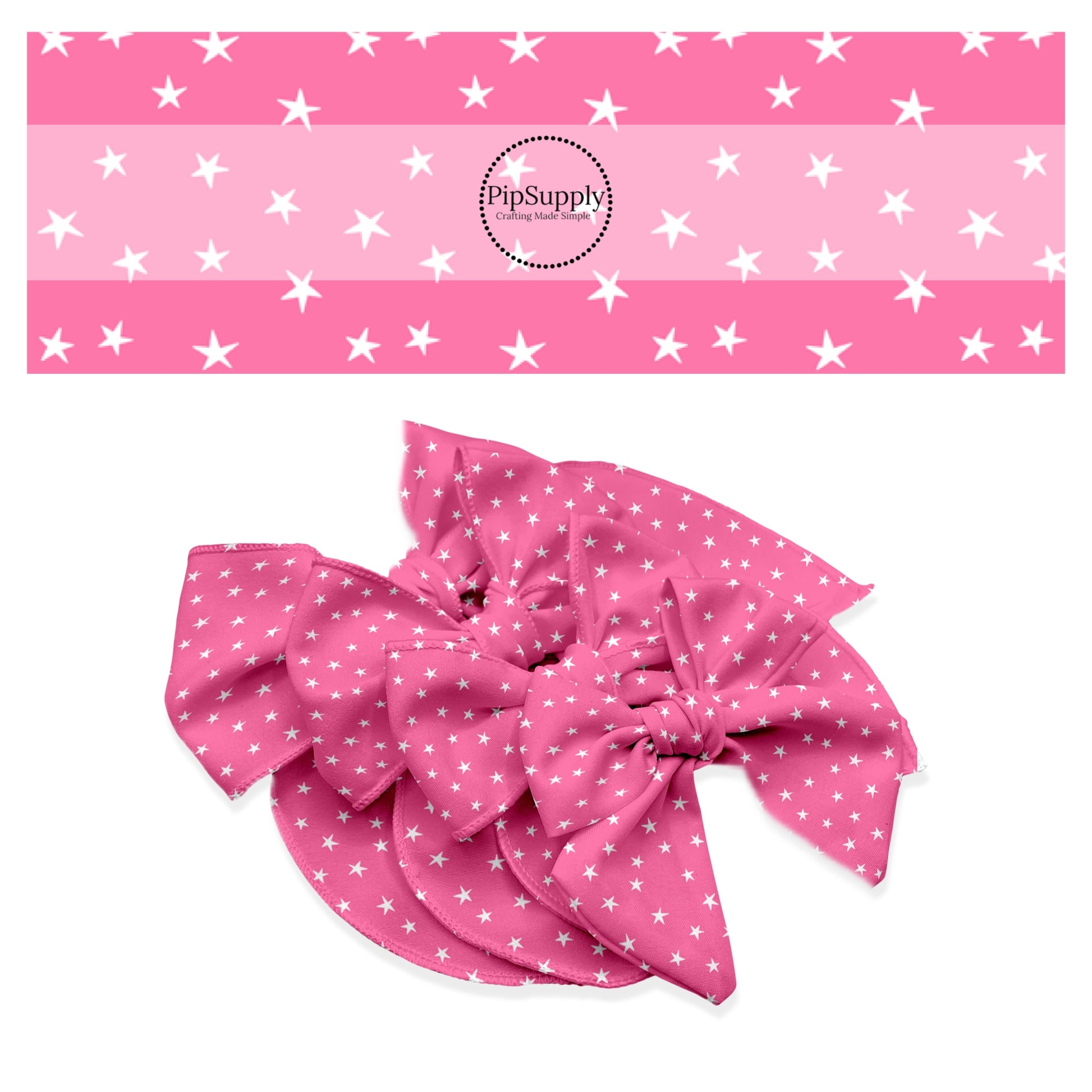 White scattered stars on pink hair bow strips