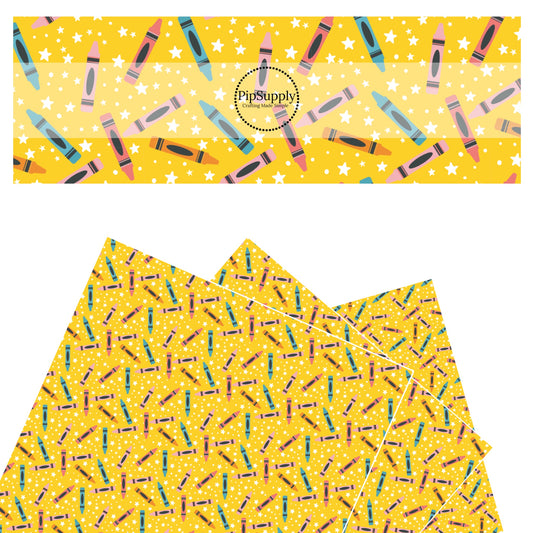 White stars with colorful crayons on yellow faux leather sheets