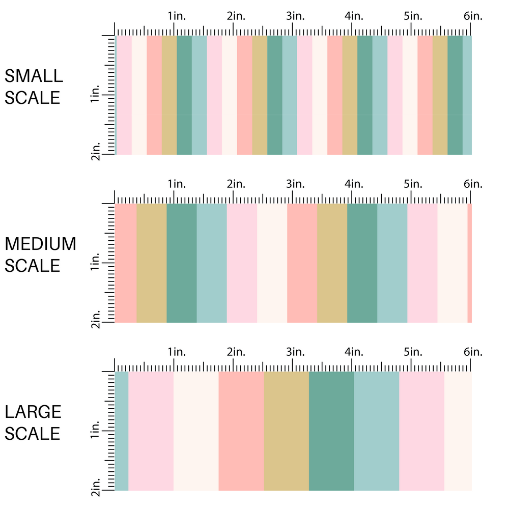 This scale chart of small scale, medium scale, and large scale of these stripe themed cream, seafoam, and pink fabric by the yard features white, tan, teal, aqua, and light pink stripes. 