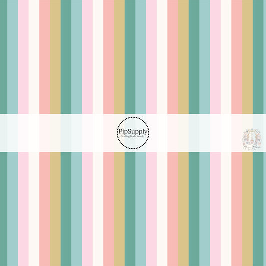 These stripe themed cream, seafoam, and pink fabric by the yard features white, tan, teal, aqua, and light pink stripes. 