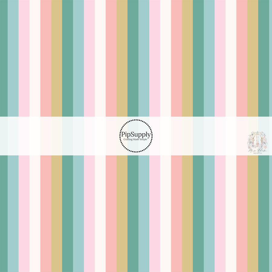 These stripe themed cream, seafoam, and pink fabric by the yard features white, tan, teal, aqua, and light pink stripes. 