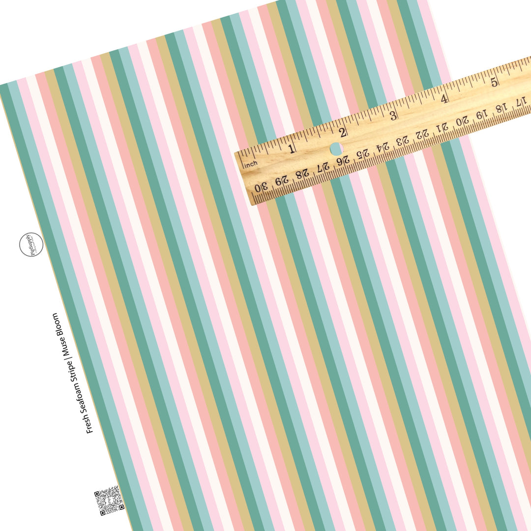 These stripe themed seafoam, cream, and pink faux leather sheets contain the following design elements: white, tan, teal, aqua, and light pink stripes. 