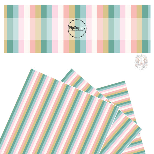 These stripe themed seafoam, cream, and pink faux leather sheets contain the following design elements: white, tan, teal, aqua, and light pink stripes. 
