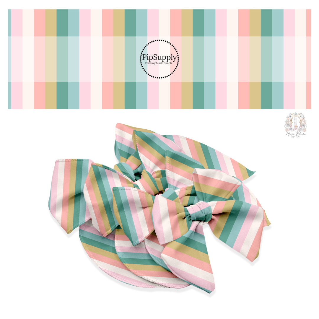 These stripe themed cream, seafoam, and pink no sew bow strips can be easily tied and attached to a clip for a finished hair bow. These fun striped themed bow strips features white, tan, teal, aqua, and light pink stripes are great for personal use or to sell.